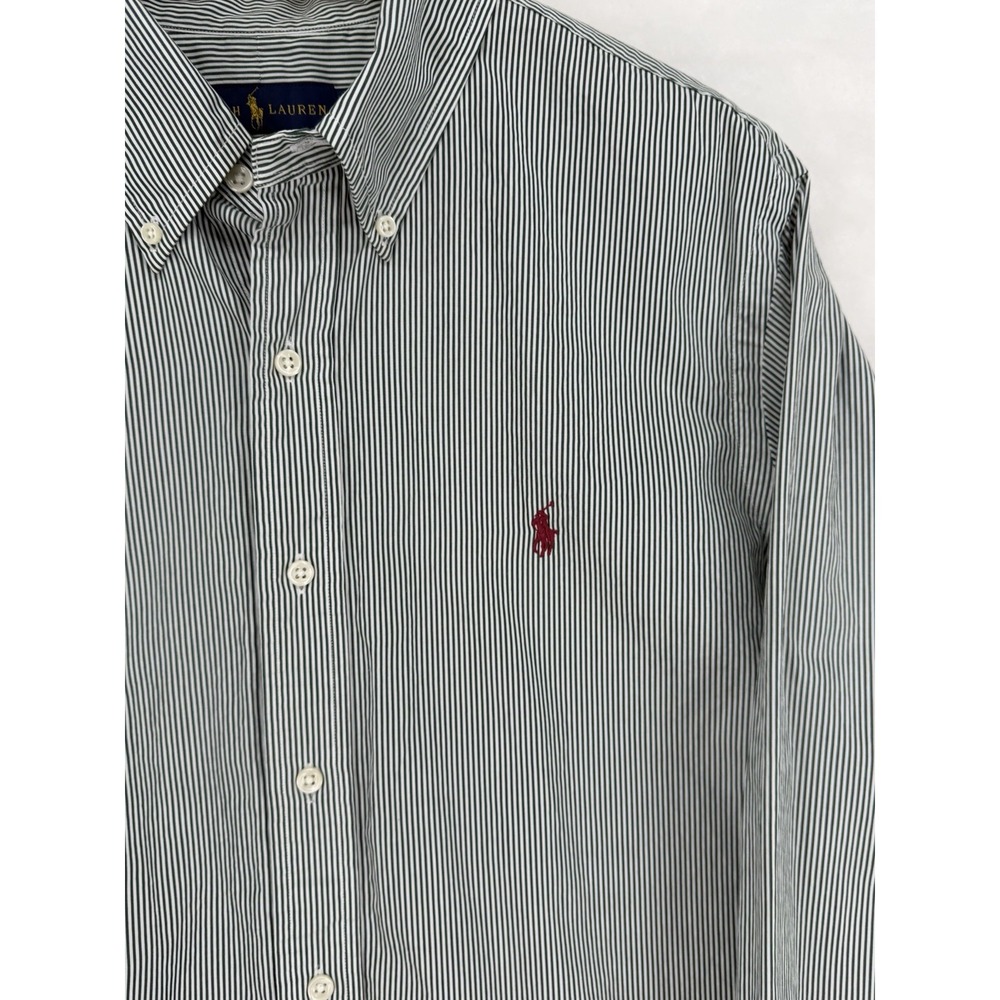 Ralph Lauren Mens L Button Down Shirt Green White Pinstripe Long Sleeve Pony
